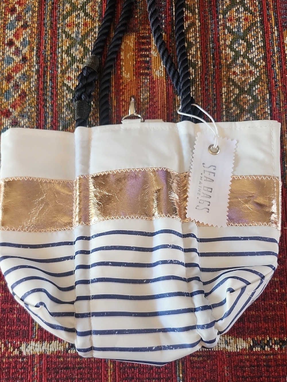 New!  Sea Bags White & Navy Striped Tote with Rose Gold Accent